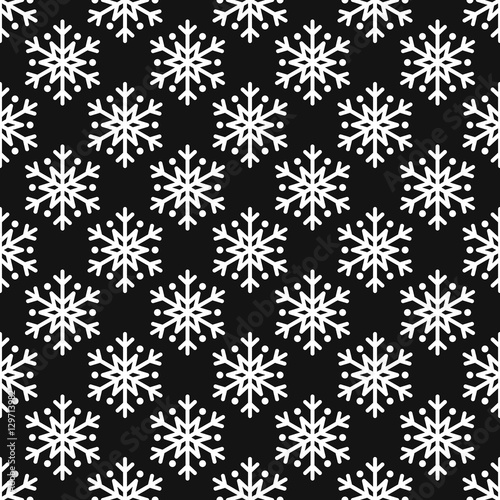 Snowflake simple seamless pattern. White snow on black background. Abstract wallpaper, wrapping decoration. Symbol of winter, Merry Christmas holiday, Happy New Year celebration Vector illustration