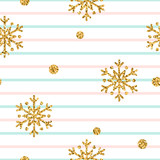 Christmas gold snowflake seamless pattern. Golden glitter snowflakes on pink, blue, white lines background. Winter snow texture wallpaper. Symbol holiday, New Year celebration Vector illustration