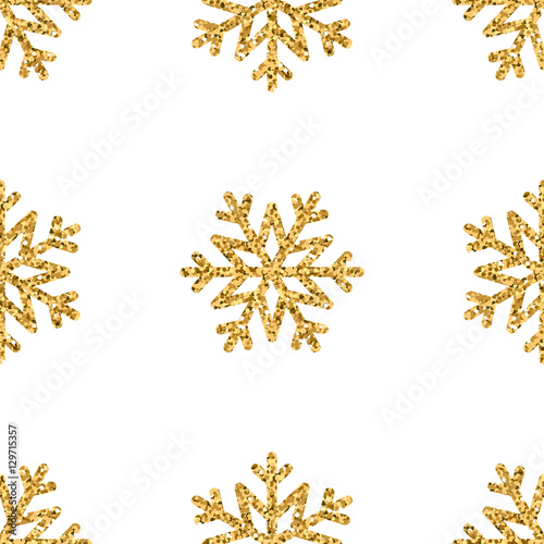 Christmas snowflake seamless pattern. Gold snow white background. Golden abstract shine wallpaper, wrapping texture. Symbol Merry Xmas holiday, Happy New Year celebration. Vector illustration