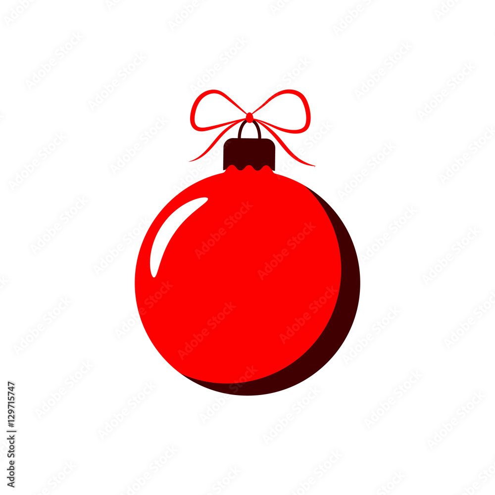 Obraz premium Christmas tree ball with bow. Red bauble decoration, isolated on white background. Symbol of Happy New Year, Xmas holiday celebration, winter. Flat design for card. Vector illustration