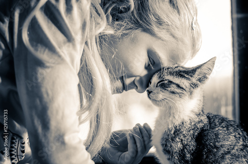 happy smiling blond girl with cat © katarinagondova