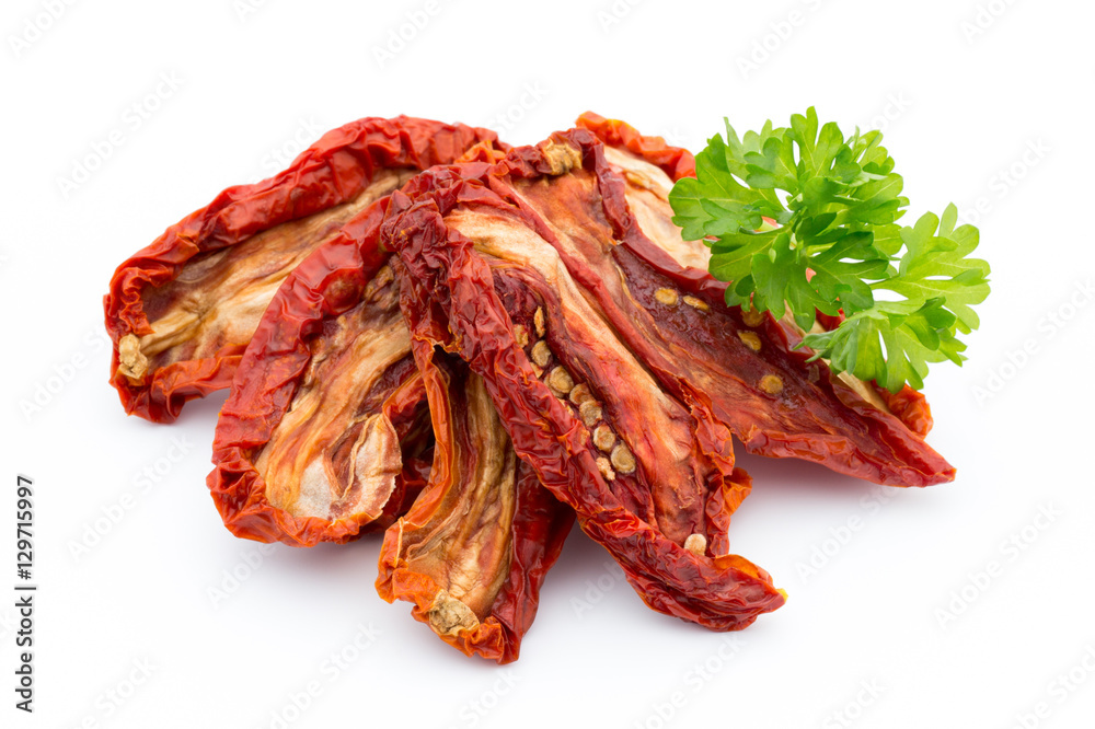 Dried tomatoes isolated on white background.