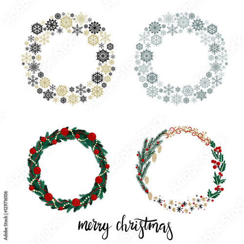 Set of Christmas Wreath with Hand Lettering Inscription Merry Christmas. Isolated on White Background. Vector Illustration. Modern Calligraphy