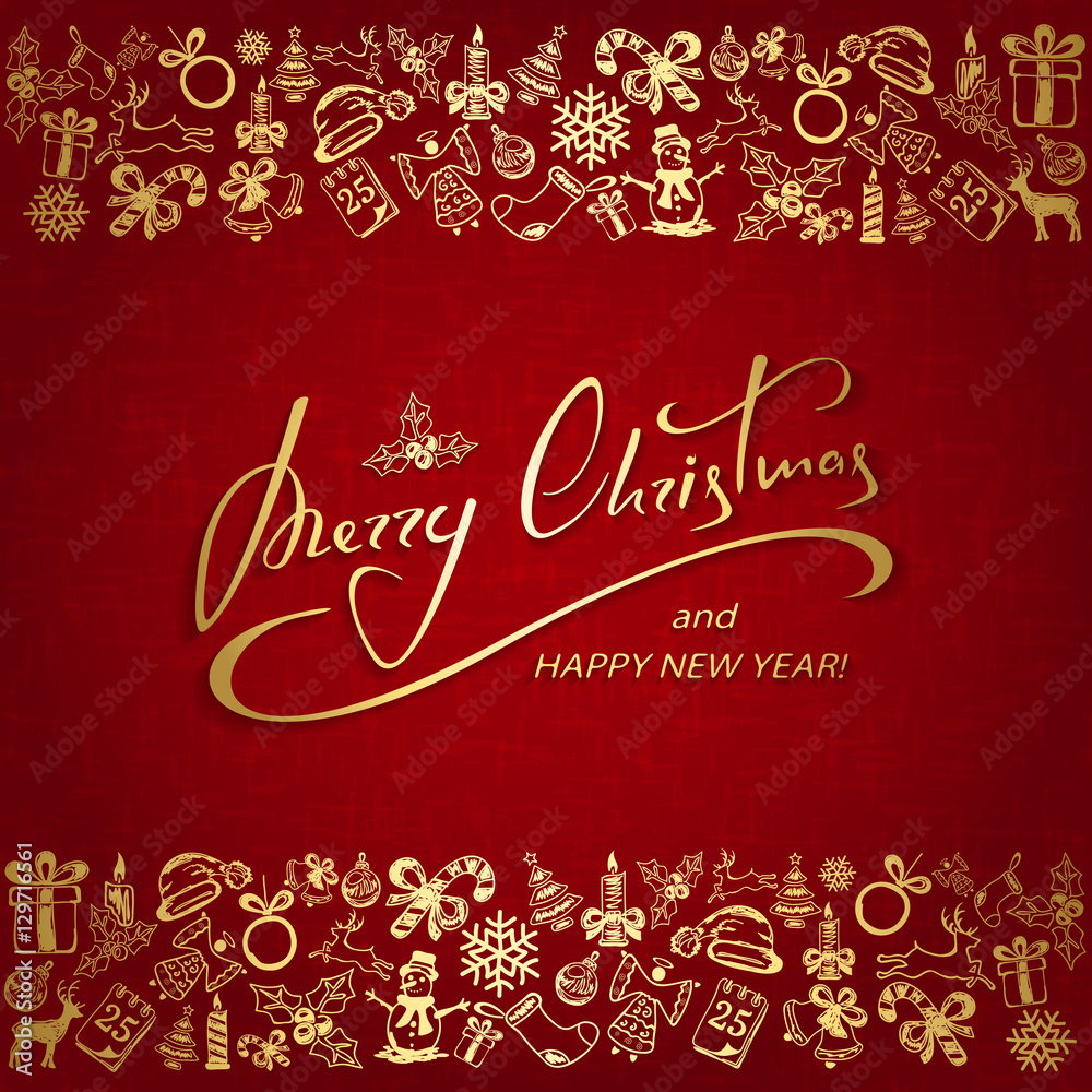 Christmas lettering with golden elements on red background