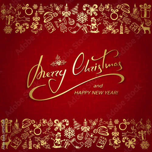 Christmas lettering with golden elements on red background