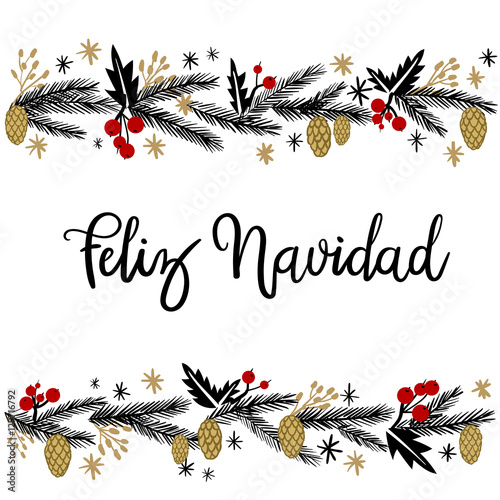 Feliz Navidad Hand Lettering Greeting Card. Vector Illustration. Modern Calligraphy.