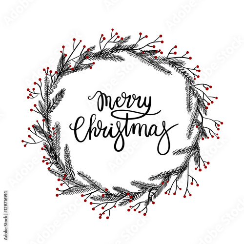 Merry Christmas hand lettering greeting card. Modern calligraphy. Christmas Wreath