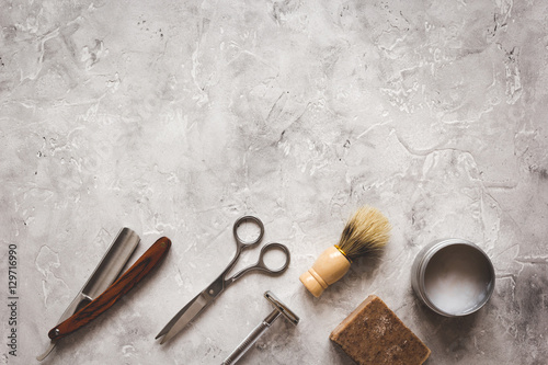 Photography Mens hairdressing desktop with tools for shaving top view