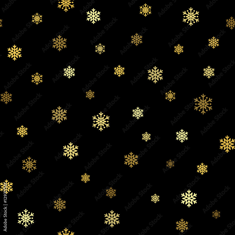Christmas snowflake seamless pattern. Gold snow black background. Golden abstract wallpaper, wrapping texture. Symbol winter, Merry Xmas holiday, Happy New Year celebration. Vector illustration Christmas snowflake seamless pattern. Gold snow black background. Golden abstract wallpaper, wrapping texture. Symbol winter, Merry Xmas holiday, Happy New Year celebration. Vector illustration
