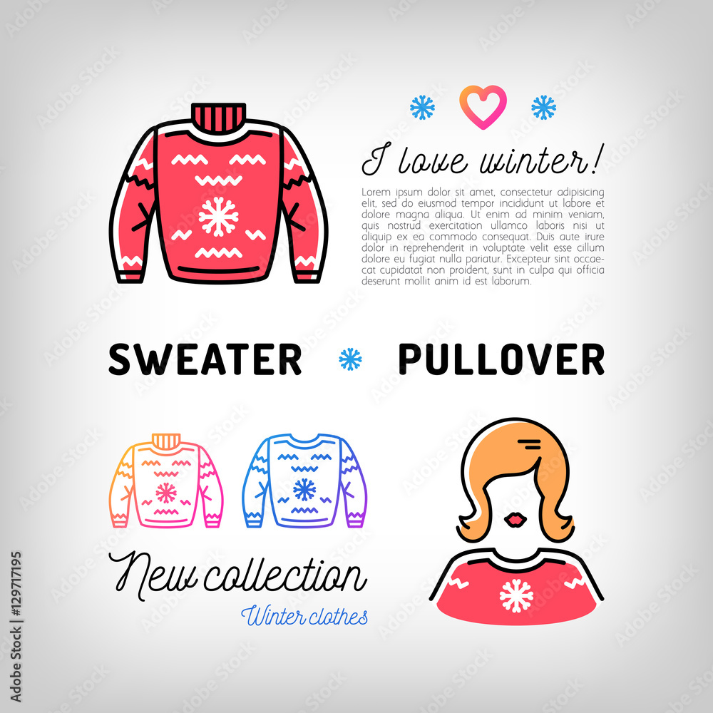 Winter sweater thin line icons, christmas pullover, jumper. Winter sport  clothes, sportswear. Trendy banner, flyer for a sports shop, Advertising  sweatshirts. Vector illustration, isolated symbols Stock Vector | Adobe  Stock