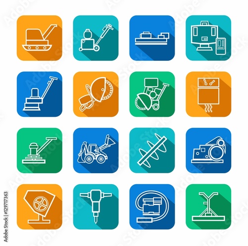 Equipment for working with concrete, contour icons, colored. Vector, the linear image of construction equipment. White figures on a colored background with a shadow. 
