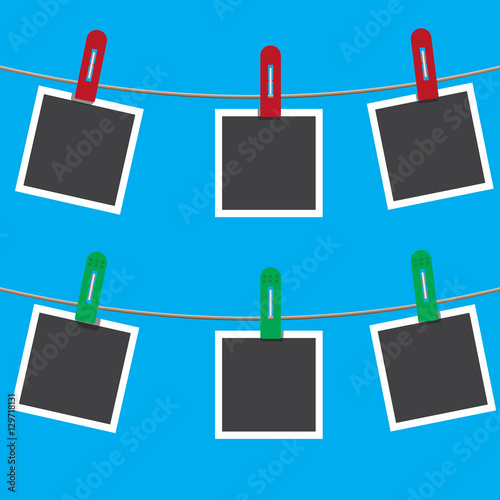 Blank photo frames on a clothesline. Vector illustration.