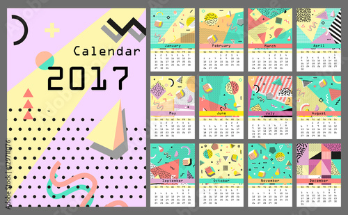 Calendar 2017. Retro vintage 80s or 90s fashion style. Memphis cards. Trendy geometric elements. Trendy colors. Eps 10