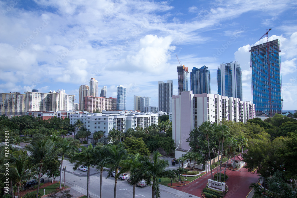Fototapeta premium City view of skyscrapers in Sunny Isles with palms