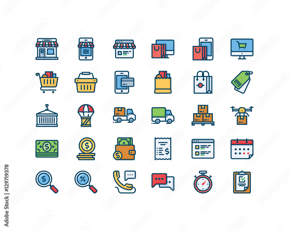 Shop and Delivery filled outline icon set