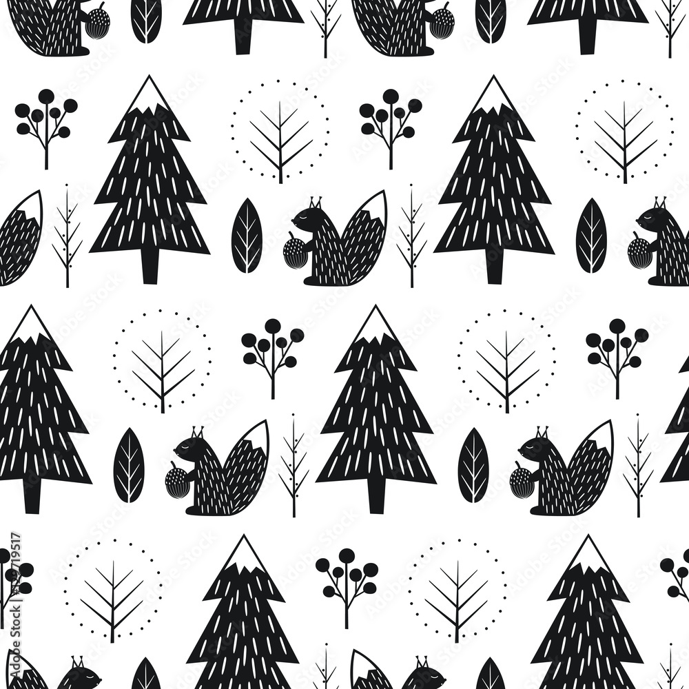 Squirrel in forest seamless pattern. Black and white scandinavian style nature illustration. Cute winter forest with animal design for textile, wallpaper, fabric. - obrazy, fototapety, plakaty 