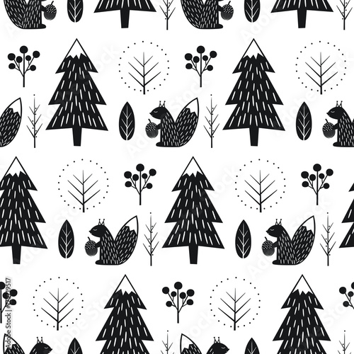 Squirrel in forest seamless pattern. Black and white scandinavian style nature illustration. Cute winter forest with animal design for textile, wallpaper, fabric.