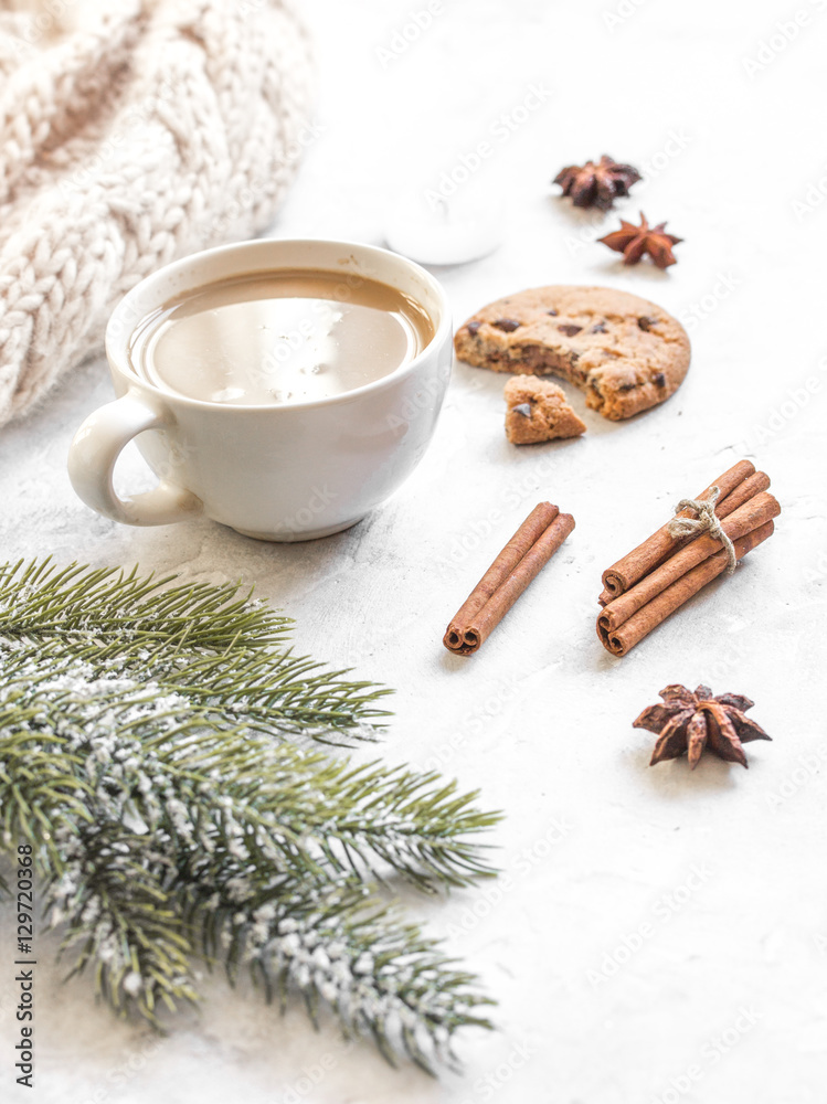 Christmas evening with cup of cocoa white background Christmas evening with cup of cocoa white background