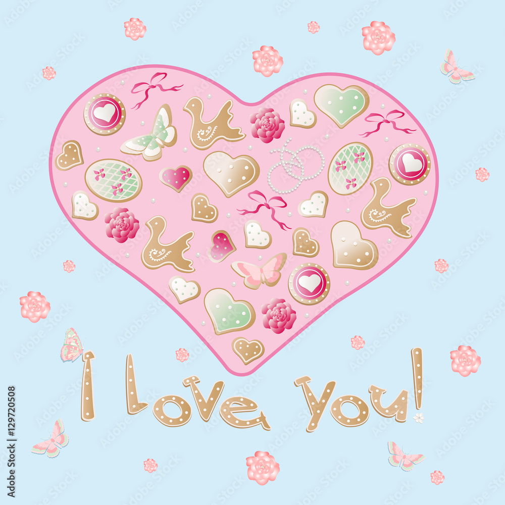 Valentine vector biscuit heart with lettering I love you