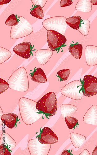 Seamless pattern with whole strawberries and half