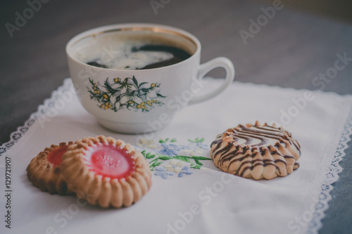 coffee Cup and cookies on a napkin with embroidery