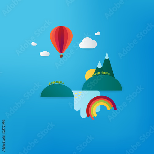 Minimalistic travel vacation landscape with balloon, waterfall and mountains. Material design