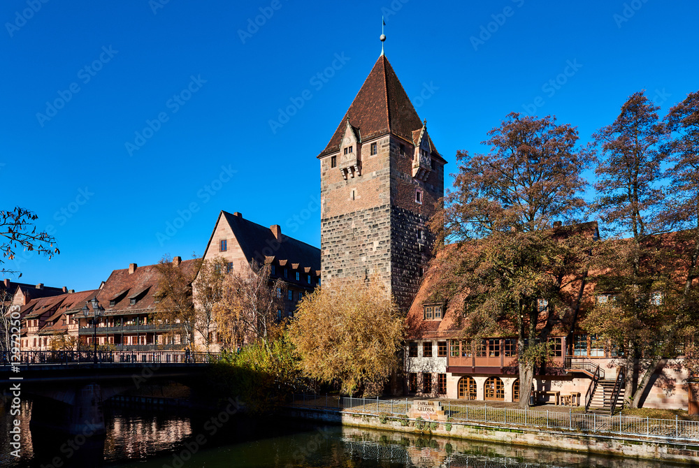 Fototapeta premium Ancient architecture and The Pegnitz river in Nuremberg, Germany