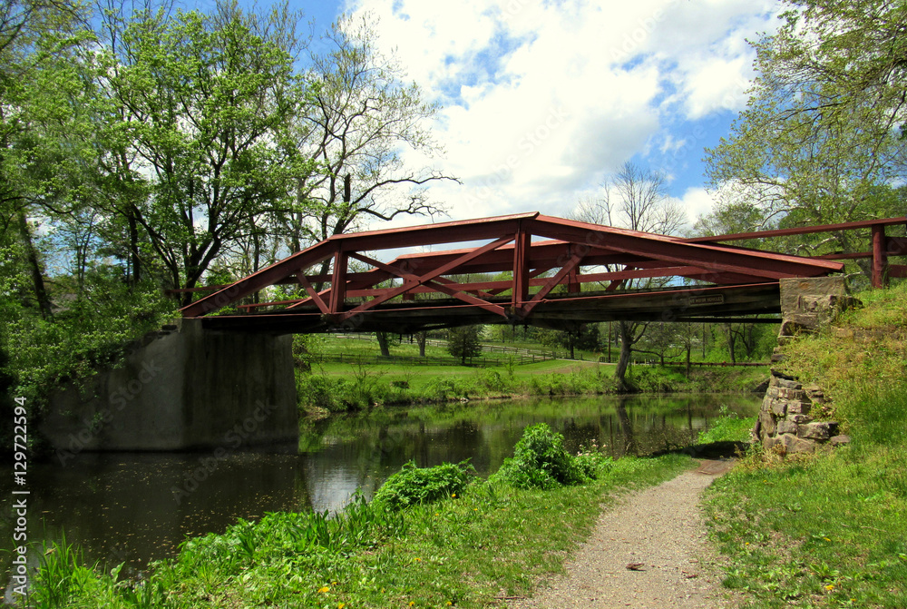 peaceful bridge over a small stream surrounded by trees and green grass