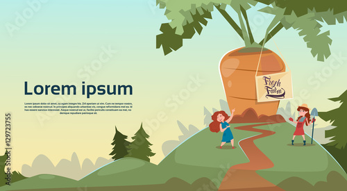 Farmer Children Giant Carrot Growing Countryside Background Eco Fresh Farming Concept Flat Vector Illustration