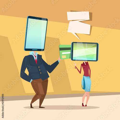 Woman And Man Cell Smart Phone Head Online Banking Payment Flat Vector Illustration