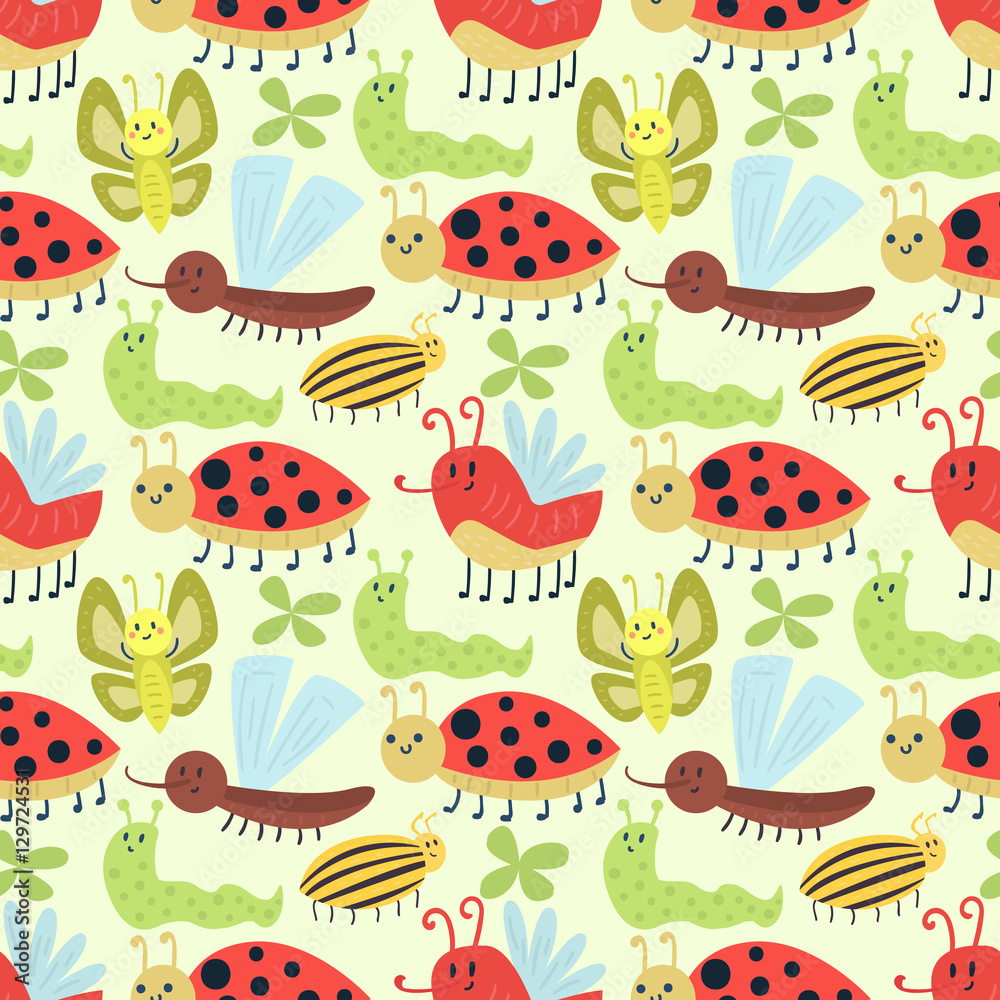 Naklejka premium Cute insects seamless pattern vector.