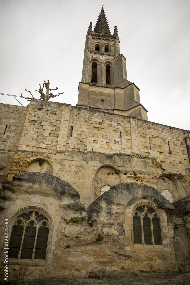Monolithic church of Saint-Émilion and its bell tower. , French medieval village Saint Emilion, France