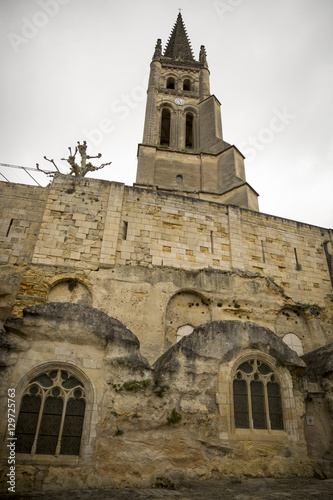 Monolithic church of Saint-Émilion and its bell tower. , French medieval village Saint Emilion, France