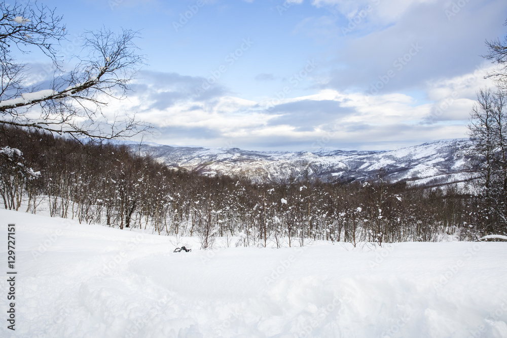 Snowy Norwegian mountain landscape, Nordland, Norway