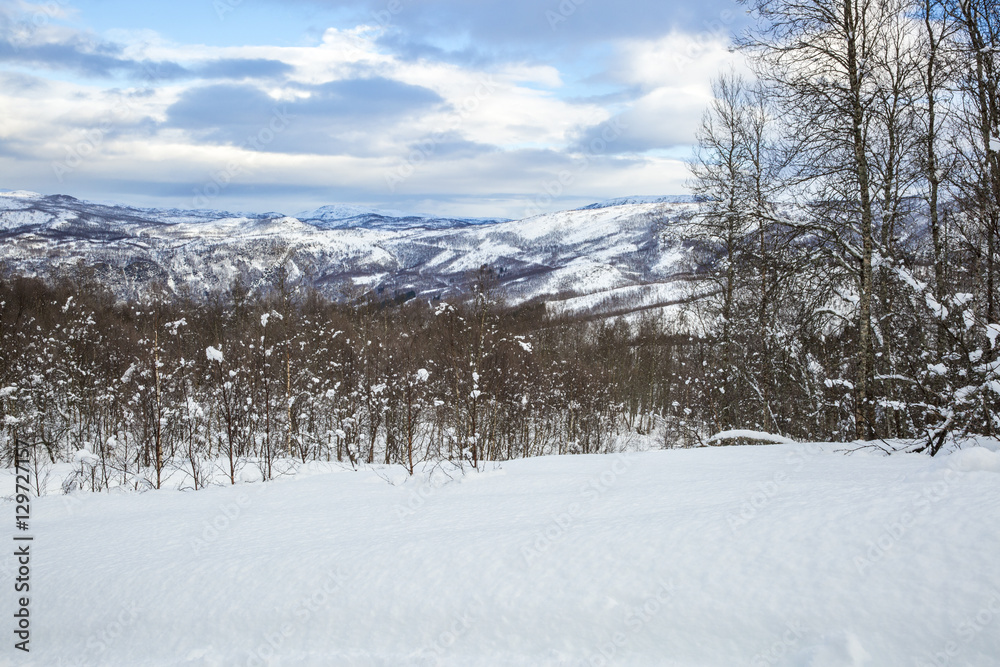 Snowy Norwegian mountain landscape, Nordland, Norway Snowy Norwegian mountain landscape, Nordland, Norway