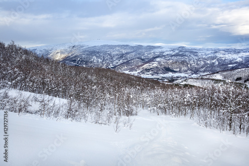 Snowy Norwegian mountain landscape, Nordland, Norway © Melanie
