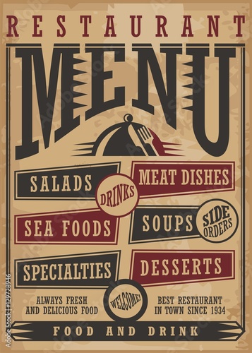 Restaurant menu vintage style design template with creative typography on old paper texture
