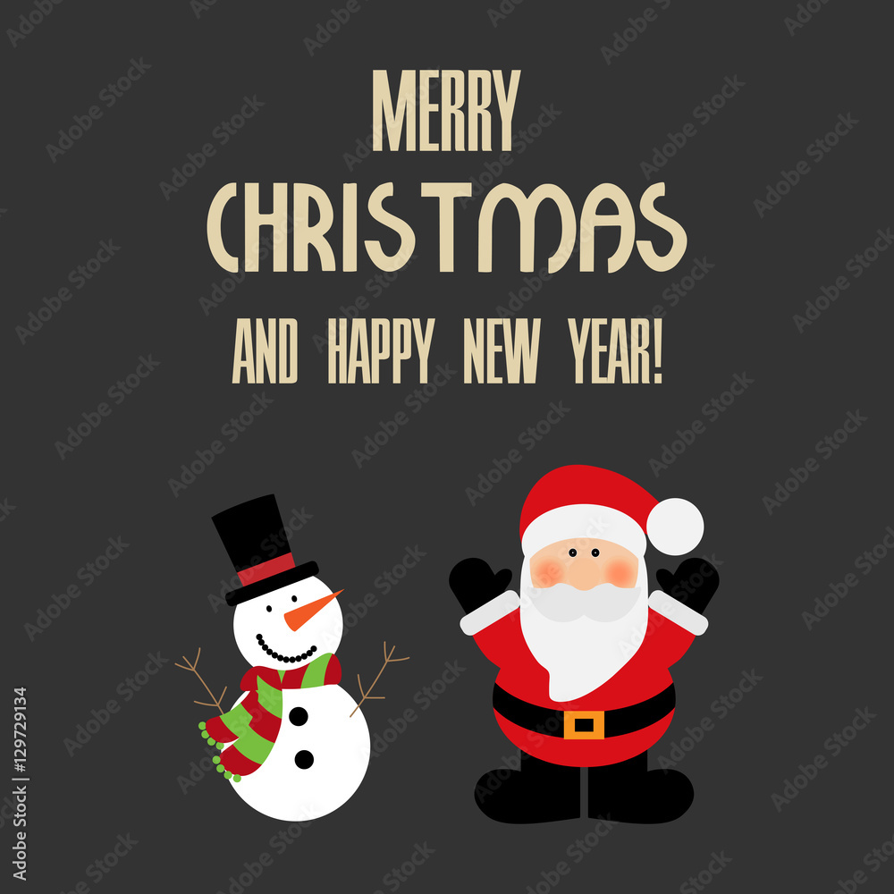Vector illustration of a Santa and snowman with text merry christmas and happy new year