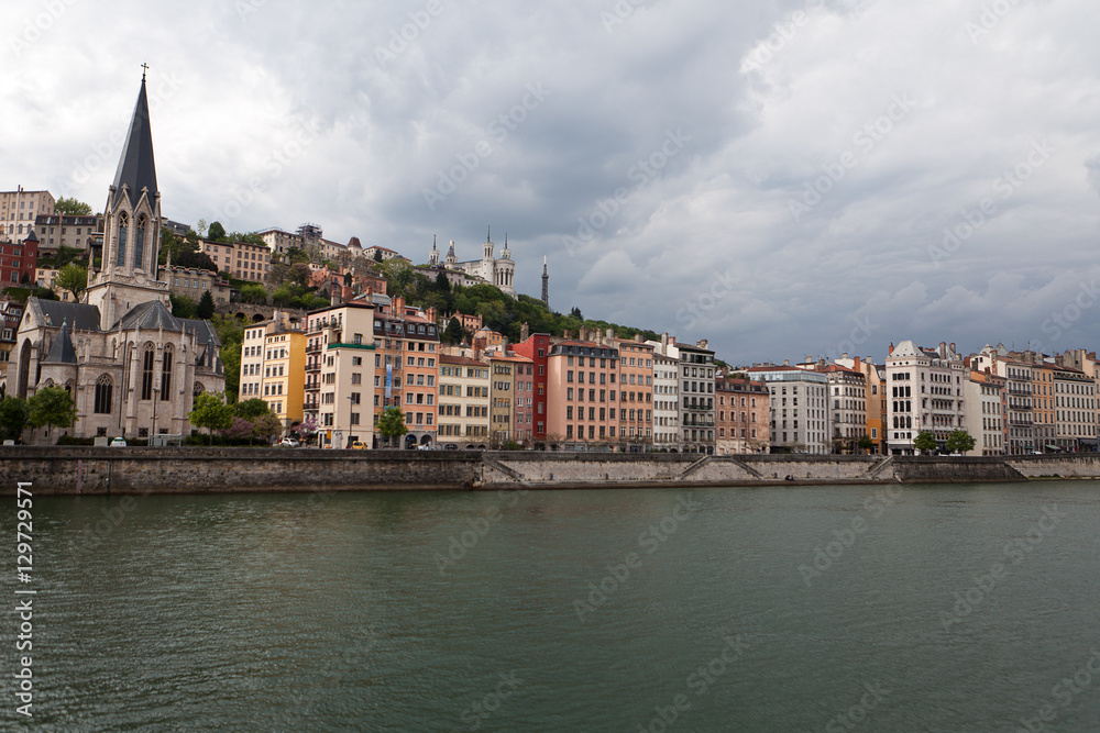 Panorama of old town Lyon with the river Saone
