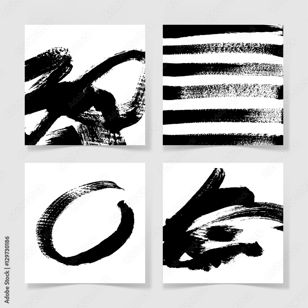 set of four black ink brushes grunge square pattern, hand drawin