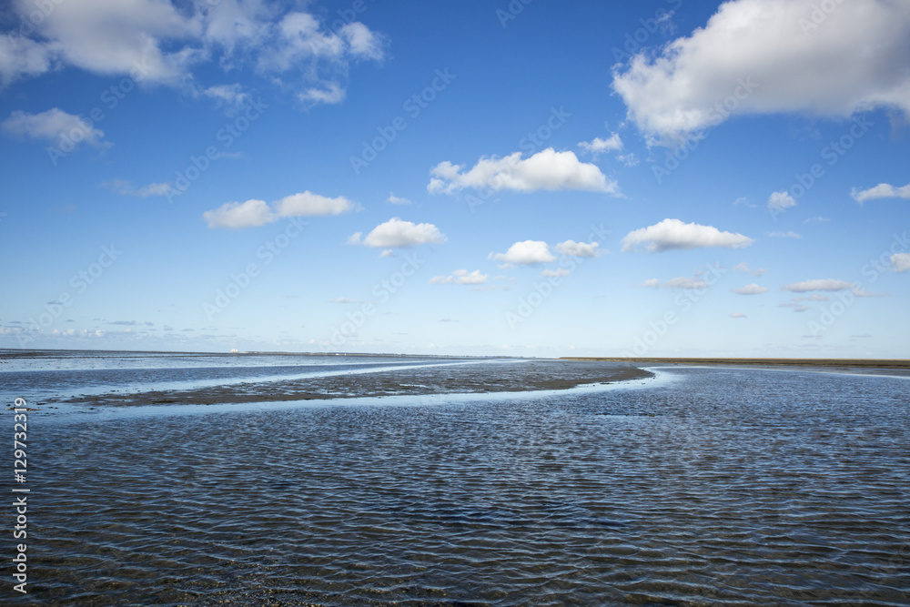 Maritime landscape with reflection of clouds in low tide water, Waddenzee, Friesland, The Netherlands