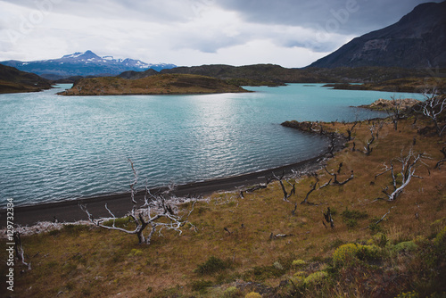 Amazing view of waterscape and mountains in Torres del Paine, National Park, Chile.