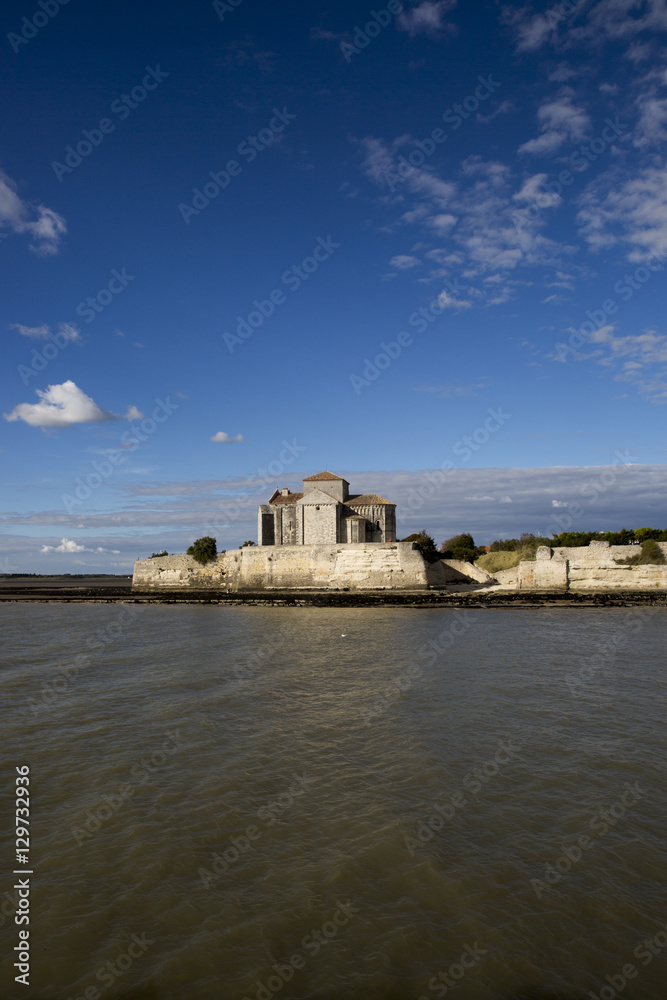 Gironde coastline with view on the village of Talmont sur Gironde and Sainte Radeguonde roman medieval church