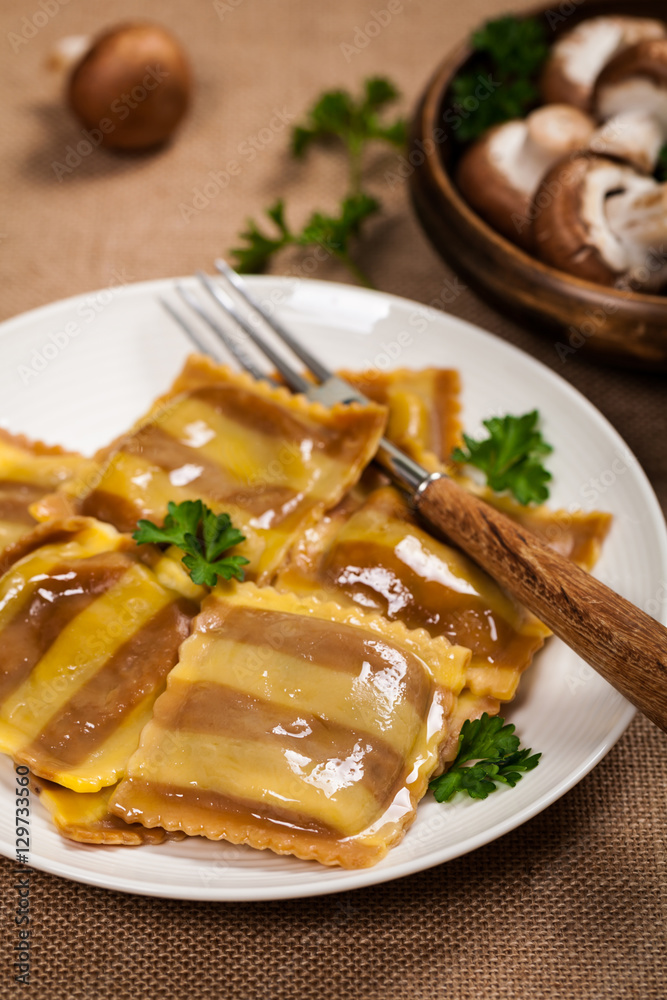 Portabella Mushroom Cheese Ravioli. Selective and soft focus. Portabella Mushroom Cheese Ravioli. Selective and soft focus.