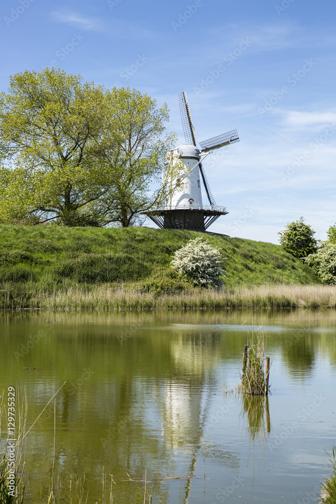 Typical Dutch landscape with a canal and a windmill