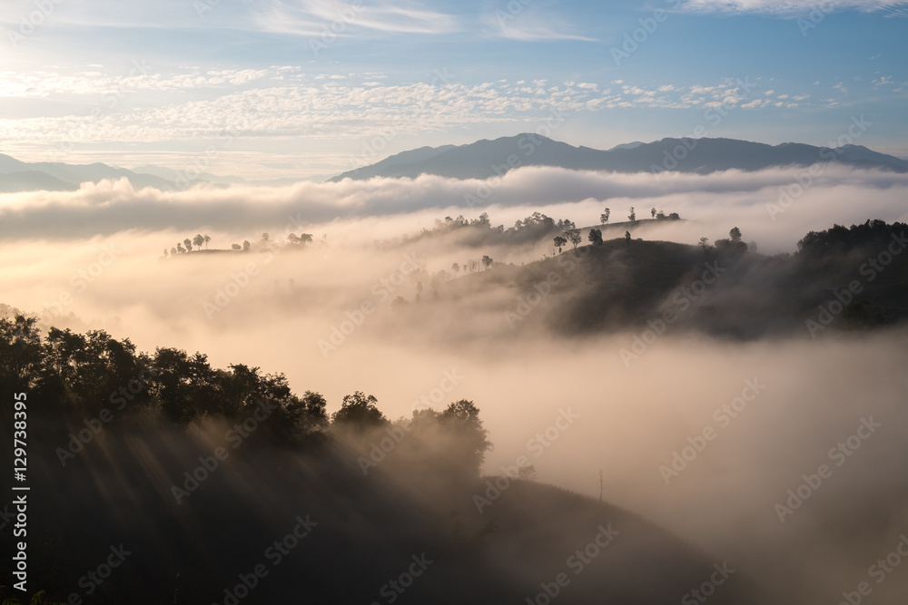 Fototapeta premium Misty aerial view in morning in Nan province, Northern of Thailand.