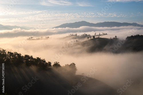 Misty aerial view in morning in Nan province, Northern of Thailand.