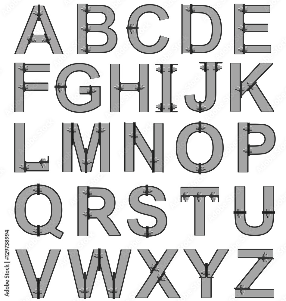 Monochrome bolted metal alphabet font 
