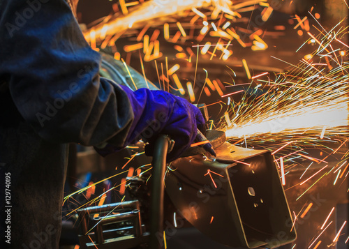 Flame sparks with electric grinder the swaying back and forth all the time