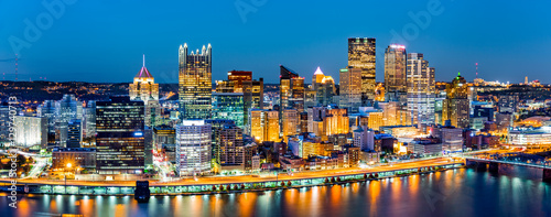 Pittsburgh downtown panorama at dusk viewed from Grandview Overlook across Monongahela River